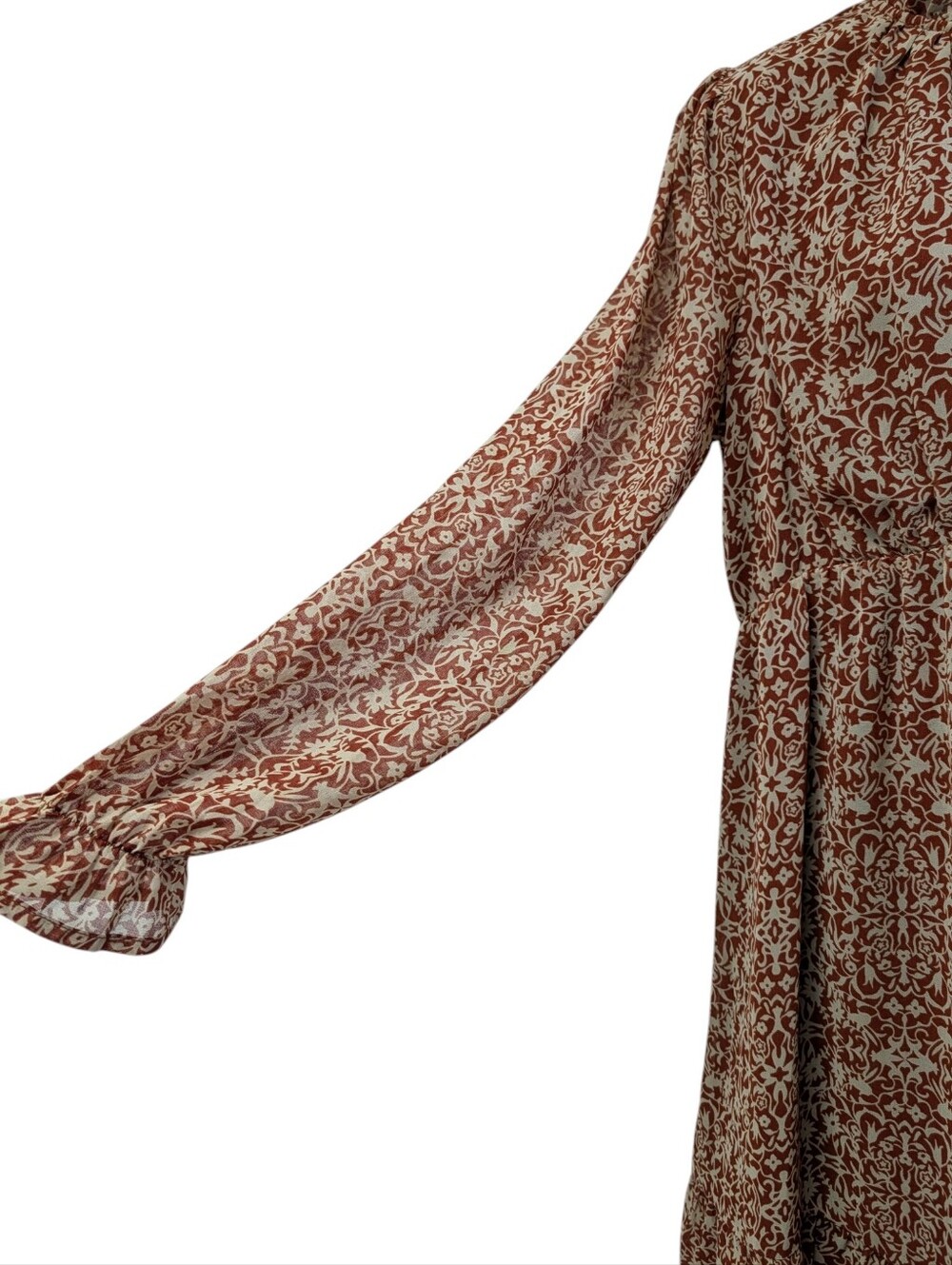 Doe & Rae Rust Floral Print Ruffle Neck Tie Long Sleeve Mini Dress S NWT - Picture 4 of 10